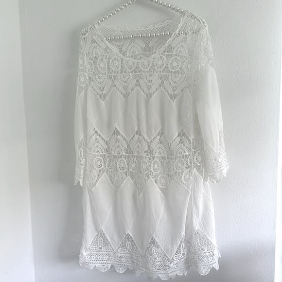 Crochet 3/4 Sleeve Tunic SzM beach pool restore spa bikini cover 100 % Cotton - Picture 7 of 8